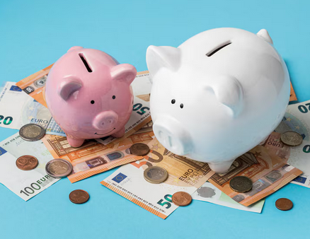 dwie świnki skarbonki położone na banknotach pieniędzy obrazujące program oszczędnościowy