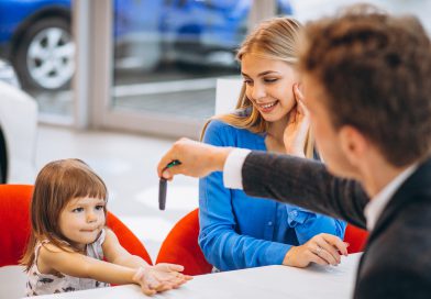 Mama z córką odbierają kluczyki do auta w salonie – rozmowa o ubezpieczeniach majątku przy zakupie samochodu